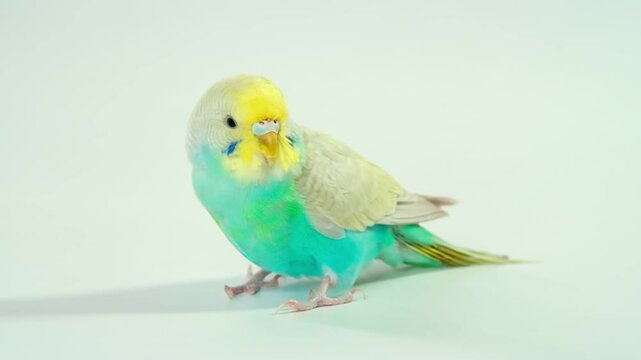 Colorful yellow green blue male budgie stands calmly on pure white background in smooth slow motion HD perfect for pet videos