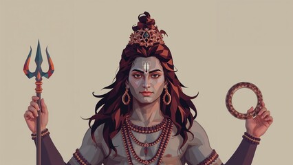Vector illustration of Lord Shiva wearing a crown, holding a trident.