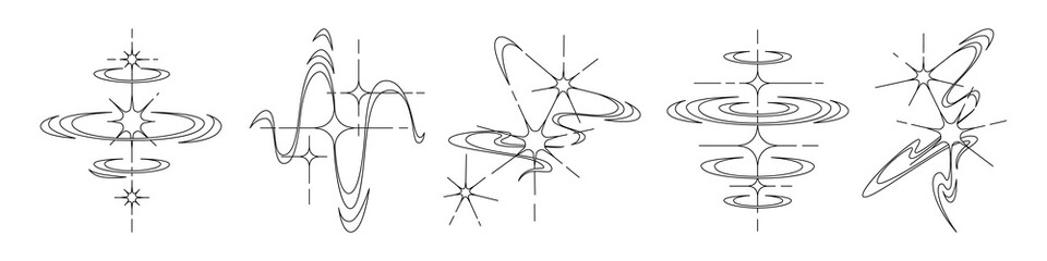 Y2K star tattoo line art collection with cosmic swirls, orbital rings and celestial sparkles. Minimalist space designs with abstract stellar forms for nostalgic body art or retro futuristic graphic.