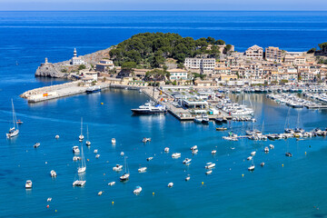 Port de Soller on Mallorca island from above marina with boats holiday by the sea in Spain