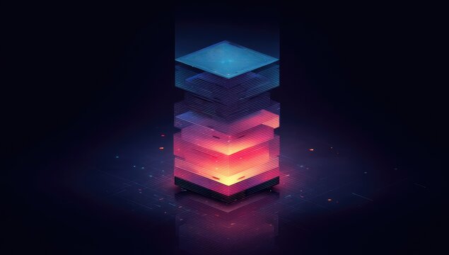 Isometric digital structure, glowing layers of blue, purple, and orange light, reflecting on dark surface