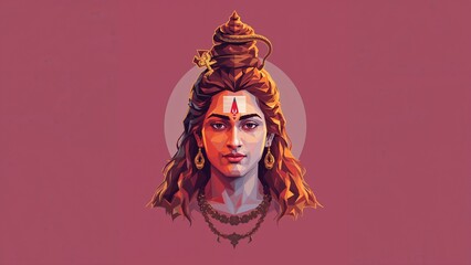 Polygonal portrait of Lord Shiva with a prominent tilak, against a red background.