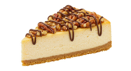 Isolated slice of cheesecake with chocolate and pecans