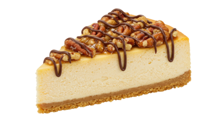 Isolated slice of cheesecake with chocolate and pecans