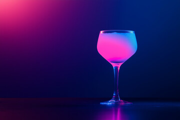 Neon pink cocktail in a wine glass, glowing under vibrant club lighting against a dark background