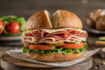 Delicious Deli Sandwich with Multiple Meats, Cheese, and Vegetables on a Rustic Wooden Board