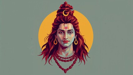 Lord Shiva portrait with a crescent moon in his hair and a sun halo.