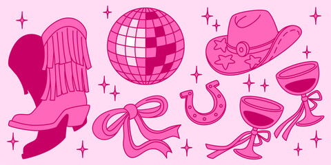 Pink disco cowgirl party elements set - sparkly mirror ball, fringed western boots, decorative ribbon, horseshoe, star patterned hat, wine glasses tied with bows. Retro country music celebration icons