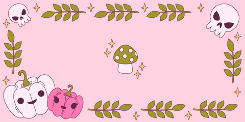 Obraz premium Coquette halloween frame border - cute skulls, autumn leaf branches, white and pink pumpkins with faces, spotted mushroom and golden stars scattered. Kawaii spooky design for october invitations.