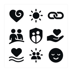 Lifelong Sibling Icons. Solid, filled icons set of lifelong sibling bond: heart swirl, gentle glow, trust link
