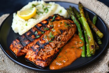 Grilled salmon with mashed potatoes and asparagus.
