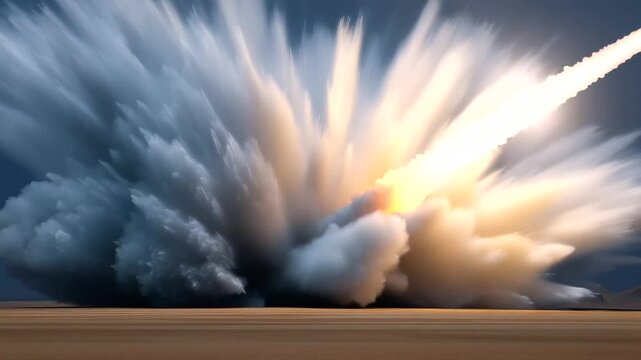 Hypersonic missile test launch with sonic boom in desert setting