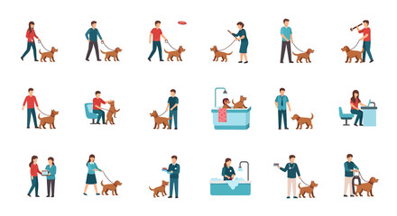 Fototapeta premium Various People Interacting with Dogs in Different Everyday Activities.