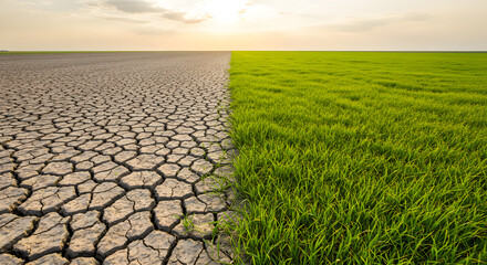 Drought vs. Abundance: Parched Earth Meets Lush Green Field at Sunset