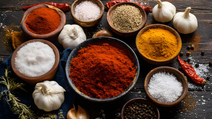 Various Spices Including Paprika, Garlic Powder, Onion Powder, and Other Seasonings on Wooden Table