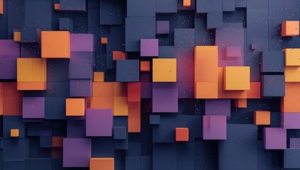 Abstract digital artwork featuring a chaotic arrangement of dark-toned cubes in shades of orange, purple, and dark blue, with small glowing particles dispersed throughout