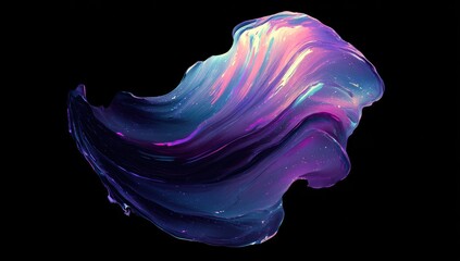 An abstract digital painting of a swirling, iridescent mass of dark blues, purples, and pinks against a black background, resembling a cosmic nebula or fluid sculpture