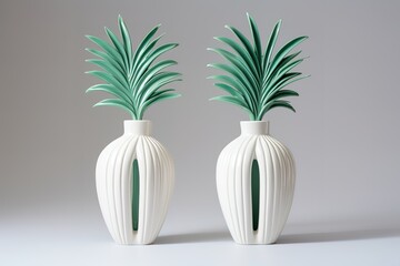 Two elegant white vases with teal green foliage on a clean minimalist background