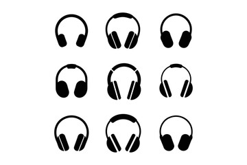 Collection of nine black headphone icon variations