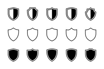 Fifteen shield icons in various styles and fills