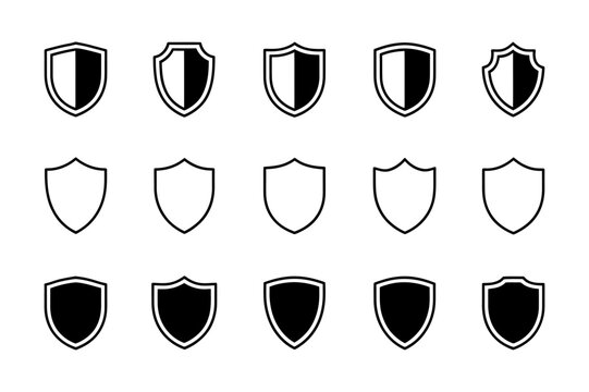 Fifteen shield icons in various styles and fills