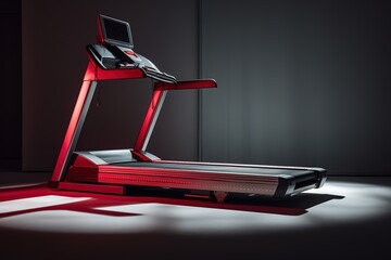 Modern fitness treadmill illuminated with red lighting in a dark studio environment