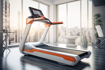 Modern treadmill in bright gym interior with city view perfect for fitness and health