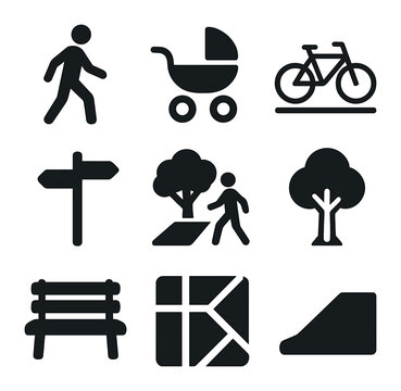 Neighborhood Walkability Icons. Solid, filled icons set of neighborhood walkability: pedestrian path, stroller