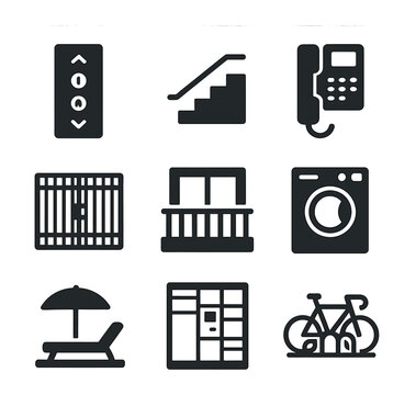 Compact City Living Icons. Solid, filled icons set of compact city living: elevator panel, stairwell, intercom
