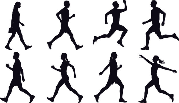Silhouette people walking running jogging exercise fitness workout cardio training illustration vector art editable stock vector illustration