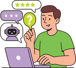 Customer Support Vector Illustration. Man interacting with AI chatbot.
