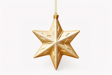 Elegant golden star ornament hanging isolated against a clean white background for holiday decoration