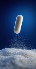 A white capsule-shaped pill falling onto white sugar crystals, against a dark blue background