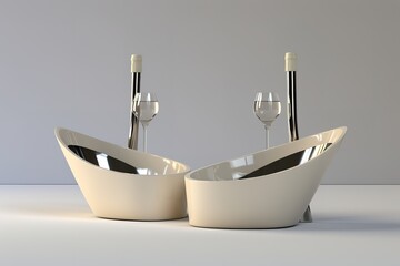 Elegant display of wine glasses and bottles with modern curved bathing vessel concept