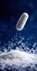 A white capsule-shaped pill falling onto white sugar crystals, against a dark blue background