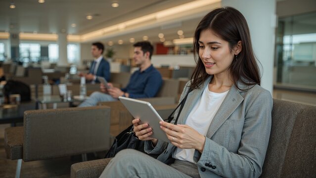 Woman using tablet in airport lounge