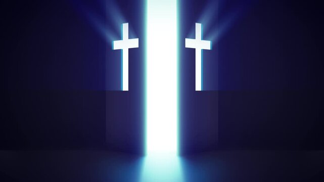 Large opening gate or door with christian symbol of cross. Shining bright light in dark room. 3d animation.