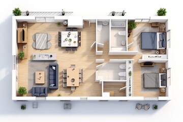Top-down 3d rendering of a modern apartment floor plan with detailed furniture arrangement