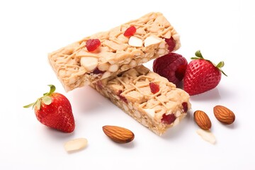 Nutritious granola bars with fresh berries and almonds on a clean white background