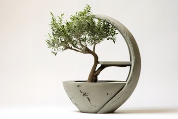 Modern decorative concrete planter featuring a small olive tree against a clean white background