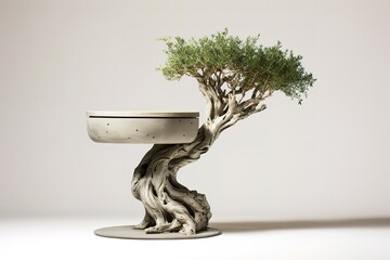 Unique artistic conceptual design of table with olive tree base and concrete top