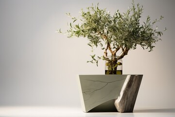 Olive tree bonsai displayed on a unique modern concrete and wooden geometric base
