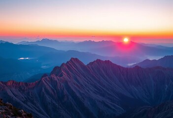 Fototapeta premium Pink hues paint the mountain peaks as the sun dips below the horizon, background, clouds