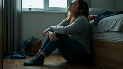 A young woman sits on the floor alone, feeling sad and depressed. Mental health issue, anxiety, stress emotion concept. Footage. - Powered by Adobe