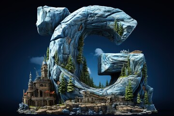 Artistic composition of letter g as a mountainous landscape with architectural elements