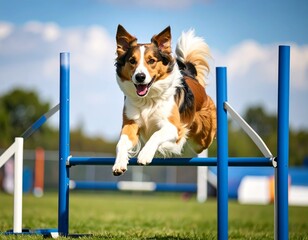 A Border Collie expertly leaps over a hurdle in a competition setting. The dog is full of energy and focus, with a bright expression and poised form.