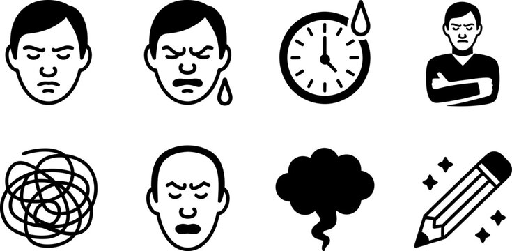 Understanding stress management icons frustration anxiety anger time pressure mental health problem concept editable stock vector illustration