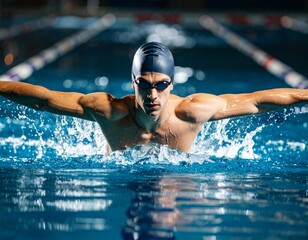 An athlete gracefully swims in a pool using the butterfly stroke. The image captures his strength, focus, and determination