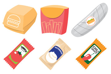 Fast Food Packaging and Sauce Sachets Vector Set