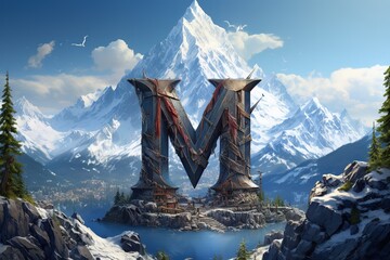Majestic letter m monument set against snow capped mountains and serene landscape